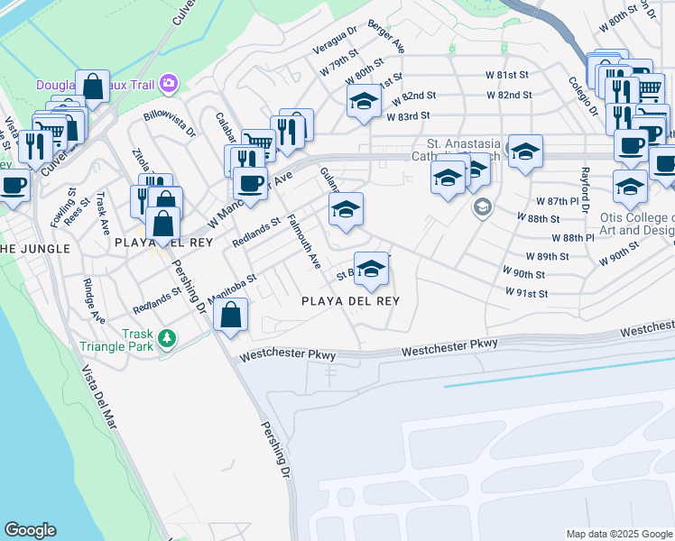 map of restaurants, bars, coffee shops, grocery stores, and more near 7755 Saint Bernard Street in Los Angeles