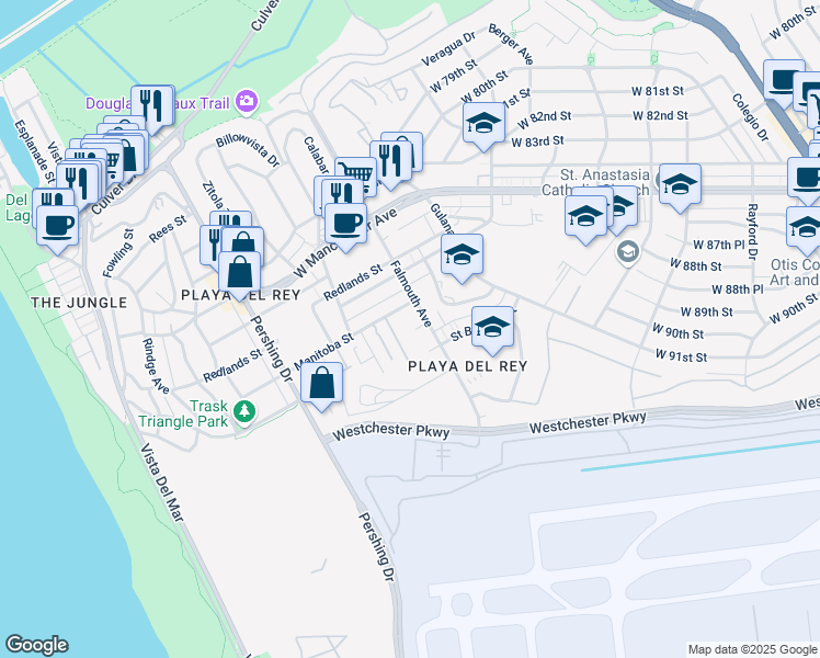 map of restaurants, bars, coffee shops, grocery stores, and more near 8110 Manitoba Street in Los Angeles