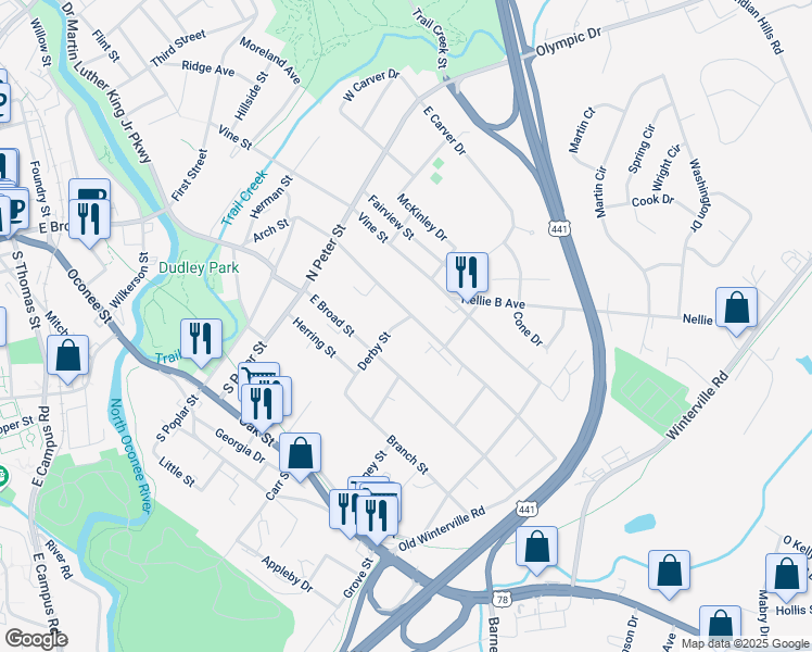 map of restaurants, bars, coffee shops, grocery stores, and more near 190 Derby Street in Athens