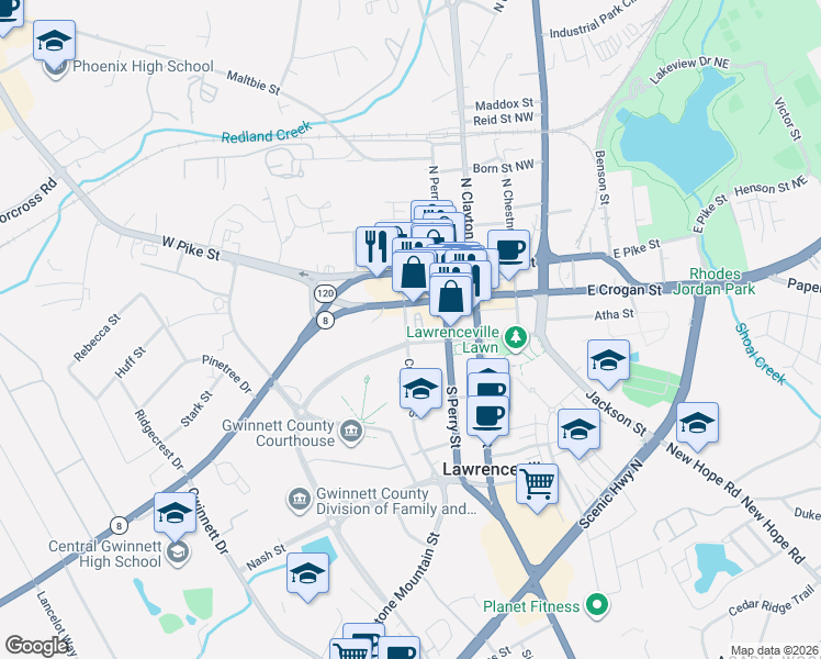 map of restaurants, bars, coffee shops, grocery stores, and more near 195 Culver Street South in Lawrenceville