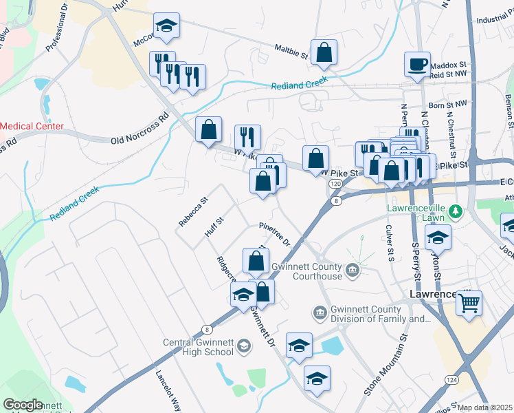 map of restaurants, bars, coffee shops, grocery stores, and more near 415 Huff Street in Lawrenceville