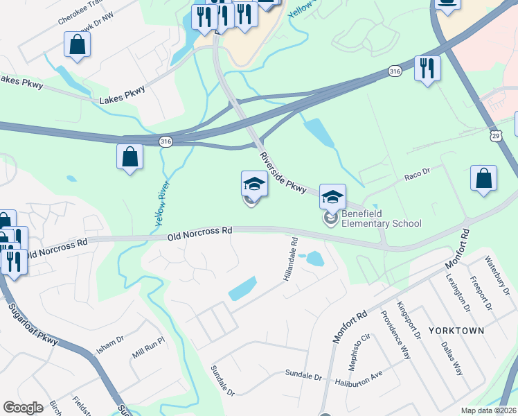 map of restaurants, bars, coffee shops, grocery stores, and more near 1335 Old Norcross Road in Lawrenceville