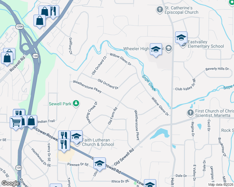 map of restaurants, bars, coffee shops, grocery stores, and more near 2270 Old Orchard Drive in Marietta