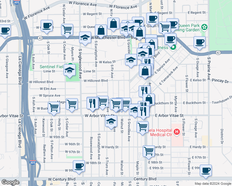 map of restaurants, bars, coffee shops, grocery stores, and more near 701 Walnut Street in Inglewood