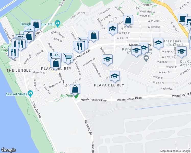 map of restaurants, bars, coffee shops, grocery stores, and more near 8110 Manitoba Street in Los Angeles