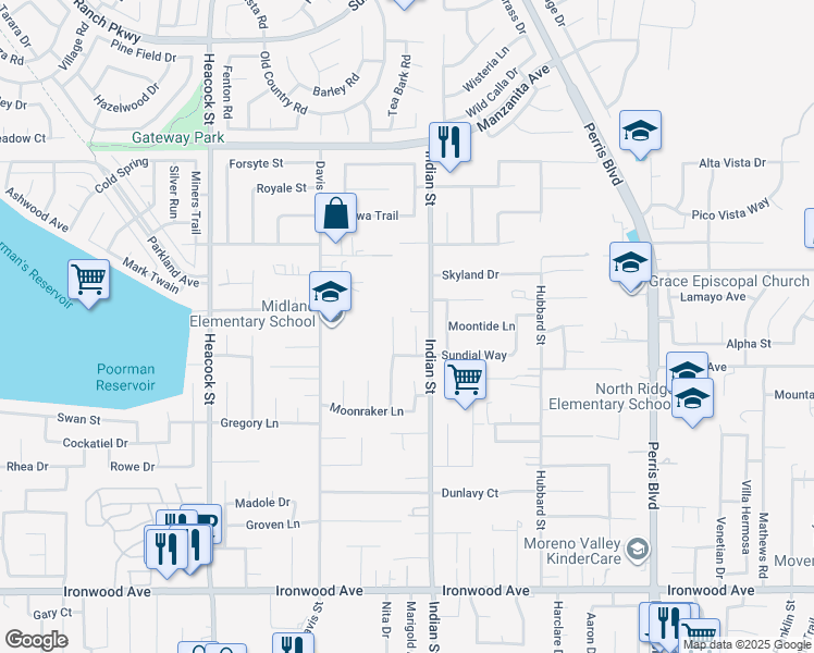 map of restaurants, bars, coffee shops, grocery stores, and more near 11396 Morning Star Lane in Moreno Valley