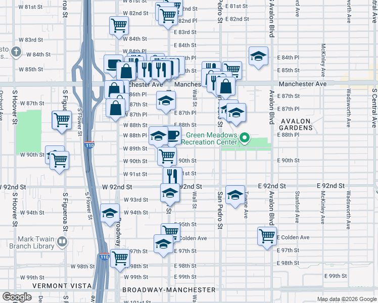 map of restaurants, bars, coffee shops, grocery stores, and more near 146 East 89th Street in Los Angeles