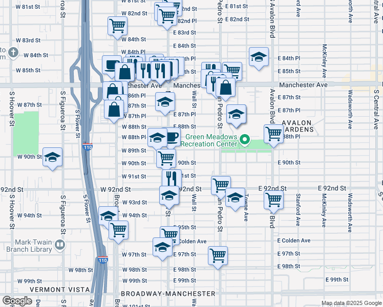 map of restaurants, bars, coffee shops, grocery stores, and more near 156 East 89th Street in Los Angeles