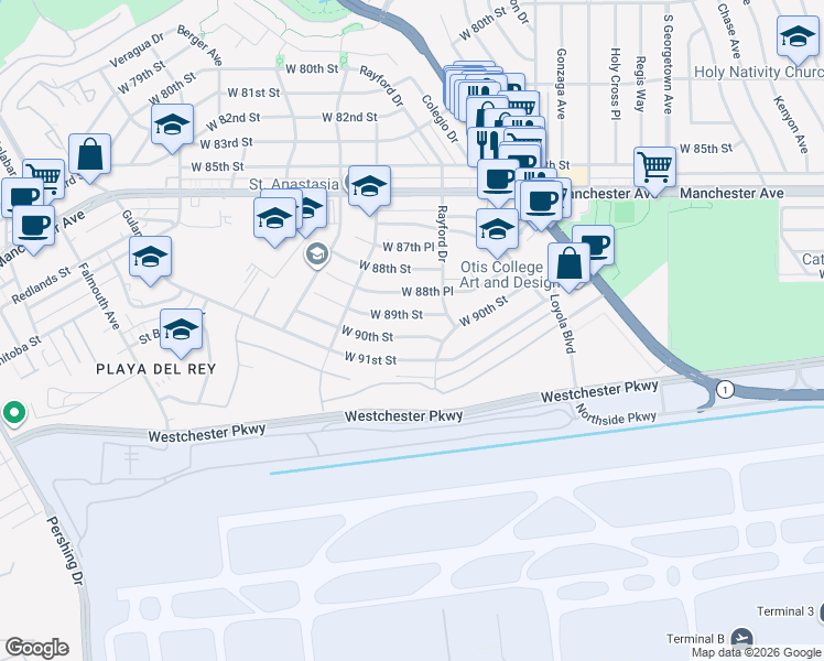 map of restaurants, bars, coffee shops, grocery stores, and more near 7333 West 90th Street in Los Angeles