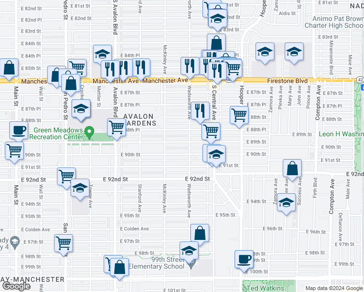 map of restaurants, bars, coffee shops, grocery stores, and more near 842 East 89th Street in Los Angeles