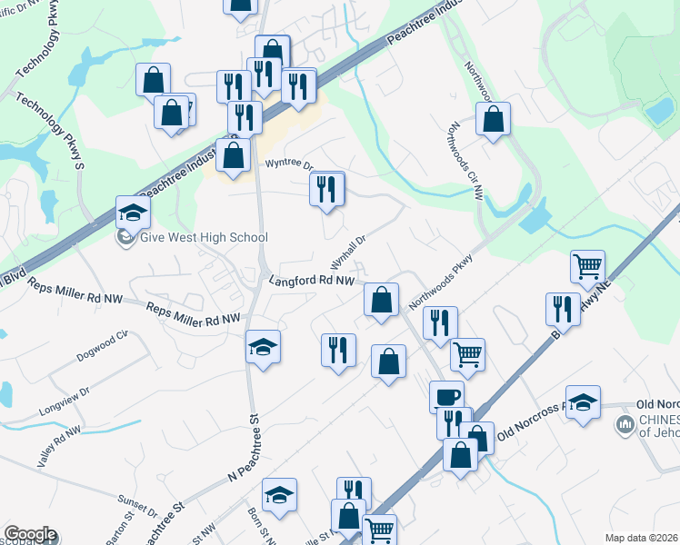 map of restaurants, bars, coffee shops, grocery stores, and more near 5614 Wynhall Drive in Norcross