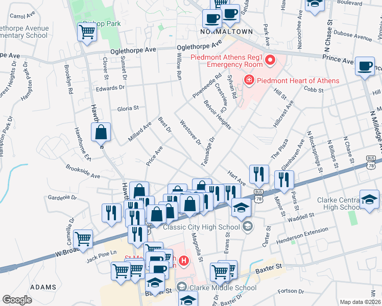 map of restaurants, bars, coffee shops, grocery stores, and more near 120 Best Drive in Athens