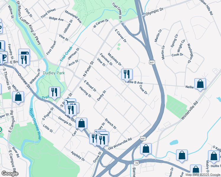 map of restaurants, bars, coffee shops, grocery stores, and more near 190 Derby Street in Athens