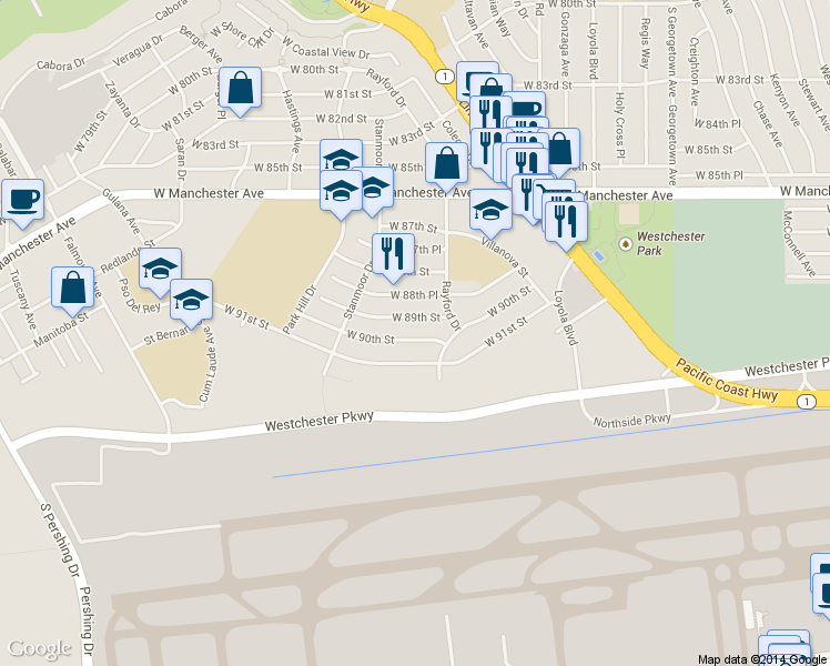 map of restaurants, bars, coffee shops, grocery stores, and more near 7333 West 90th Street in Los Angeles