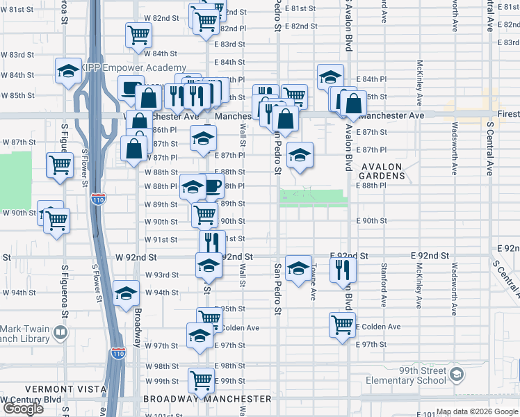 map of restaurants, bars, coffee shops, grocery stores, and more near 232 East 89th Street in Los Angeles