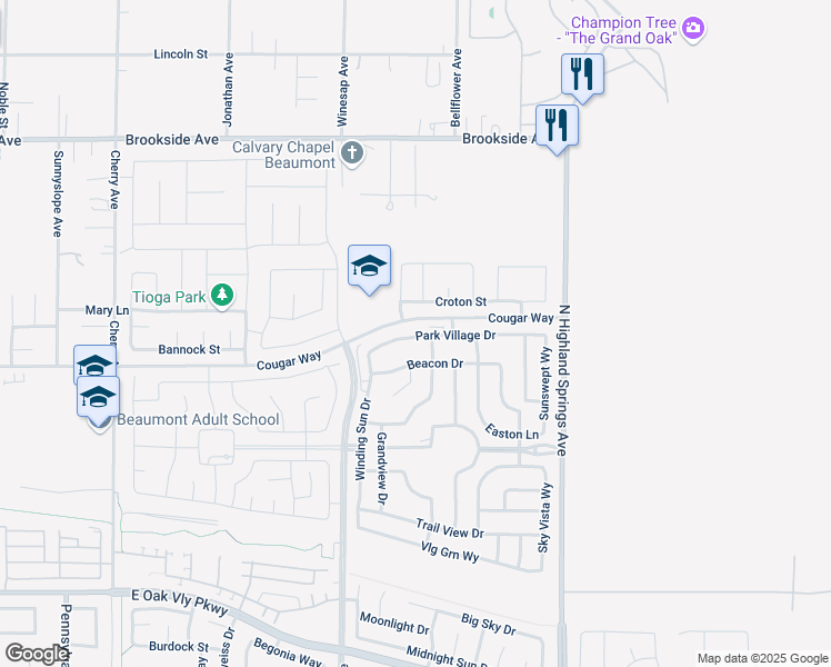 map of restaurants, bars, coffee shops, grocery stores, and more near 1556 Park Village Drive in Beaumont