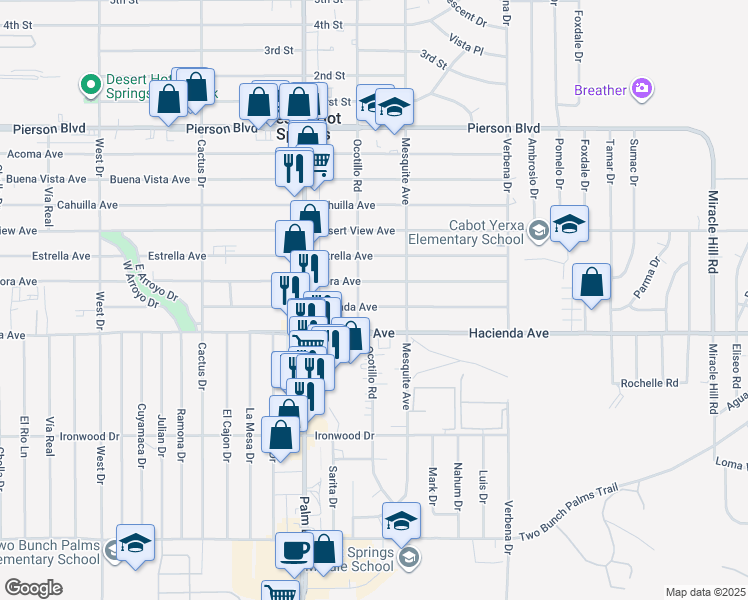 map of restaurants, bars, coffee shops, grocery stores, and more near 66670 Granada Avenue in Desert Hot Springs