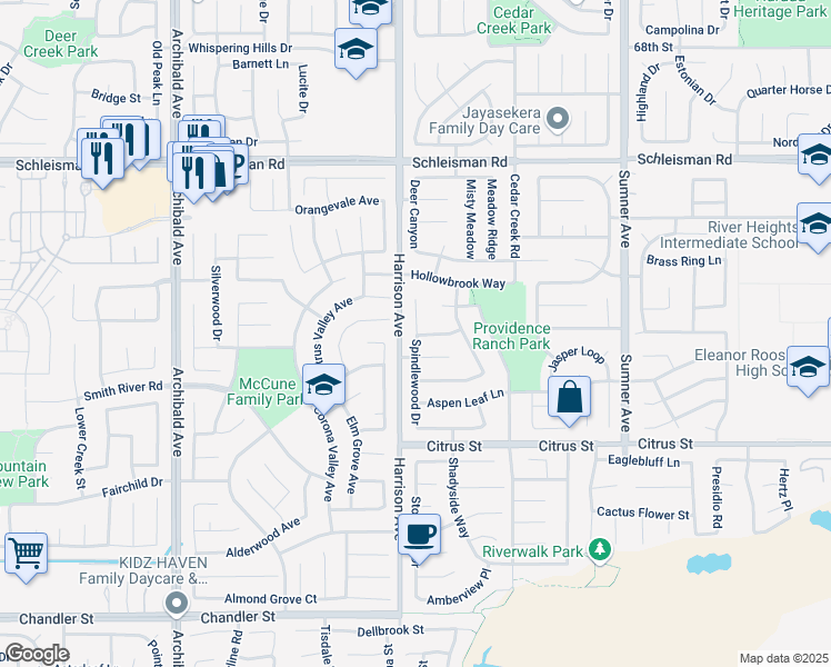map of restaurants, bars, coffee shops, grocery stores, and more near 7374 Spindlewood Drive in Eastvale