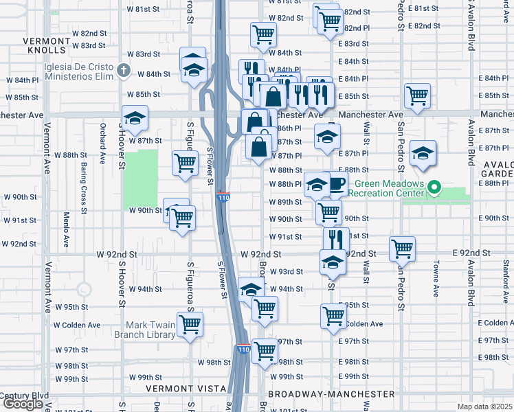 map of restaurants, bars, coffee shops, grocery stores, and more near 8900 West 89th Street in Los Angeles