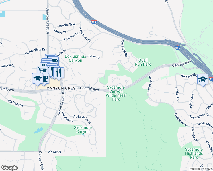 map of restaurants, bars, coffee shops, grocery stores, and more near 5377 Quail Run Road in Riverside