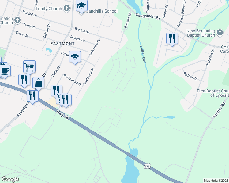 map of restaurants, bars, coffee shops, grocery stores, and more near 1453 Benson Road in Columbia