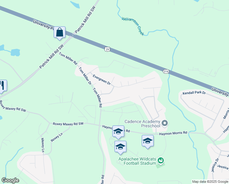 map of restaurants, bars, coffee shops, grocery stores, and more near 727 Evergreen Drive in Winder