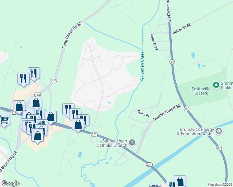 map of restaurants, bars, coffee shops, grocery stores, and more near 5217 Shipmast Way in Southport