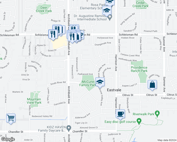 map of restaurants, bars, coffee shops, grocery stores, and more near 14045 Mosswood Court in Corona
