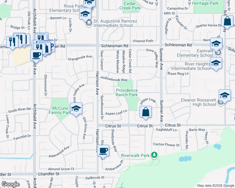 map of restaurants, bars, coffee shops, grocery stores, and more near 7274 Westerly Way in Corona
