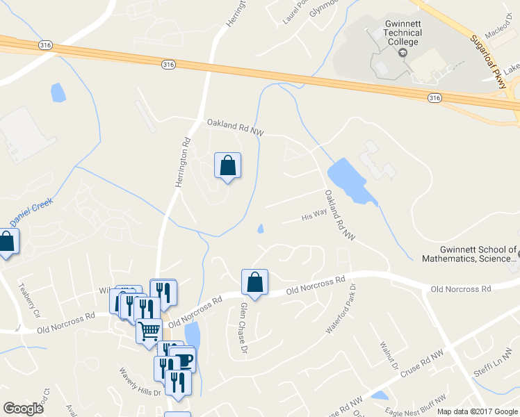 map of restaurants, bars, coffee shops, grocery stores, and more near 2320 Oakland Chase Court in Lawrenceville