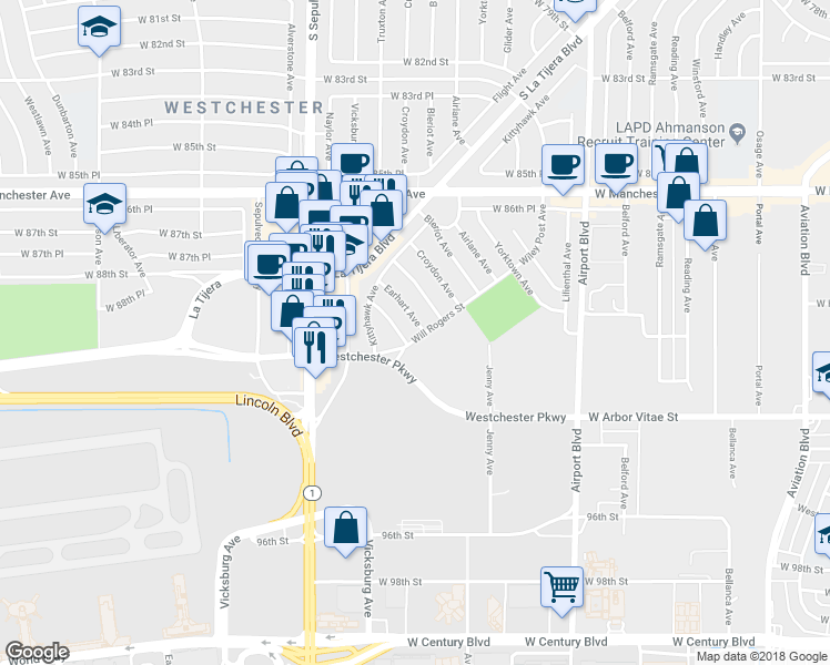 map of restaurants, bars, coffee shops, grocery stores, and more near 6121 Will Rogers Street in Los Angeles