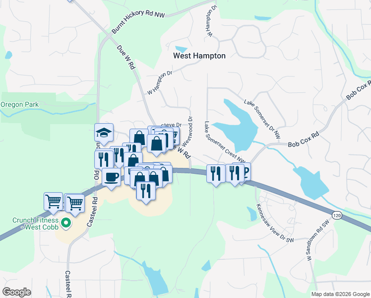 map of restaurants, bars, coffee shops, grocery stores, and more near 3462 Due West Road in Marietta