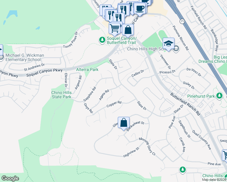 map of restaurants, bars, coffee shops, grocery stores, and more near 16435 Patina Court in Chino Hills