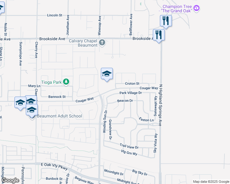 map of restaurants, bars, coffee shops, grocery stores, and more near 1542 Park Village Drive in Beaumont