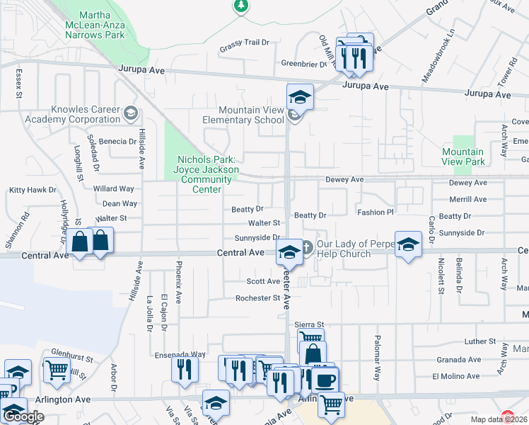 map of restaurants, bars, coffee shops, grocery stores, and more near 5362 Beatty Drive in Riverside
