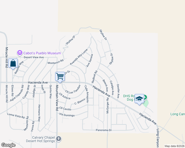 map of restaurants, bars, coffee shops, grocery stores, and more near Redbud Road in Desert Hot Springs