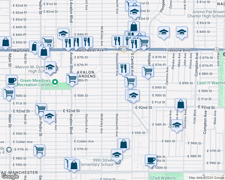 map of restaurants, bars, coffee shops, grocery stores, and more near 842 East 89th Street in Los Angeles