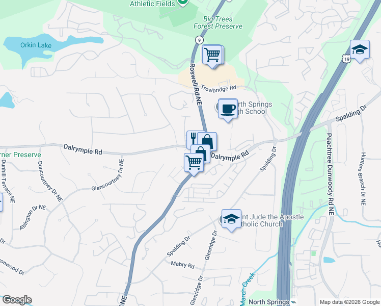 map of restaurants, bars, coffee shops, grocery stores, and more near 615 Dalrymple Road in Atlanta