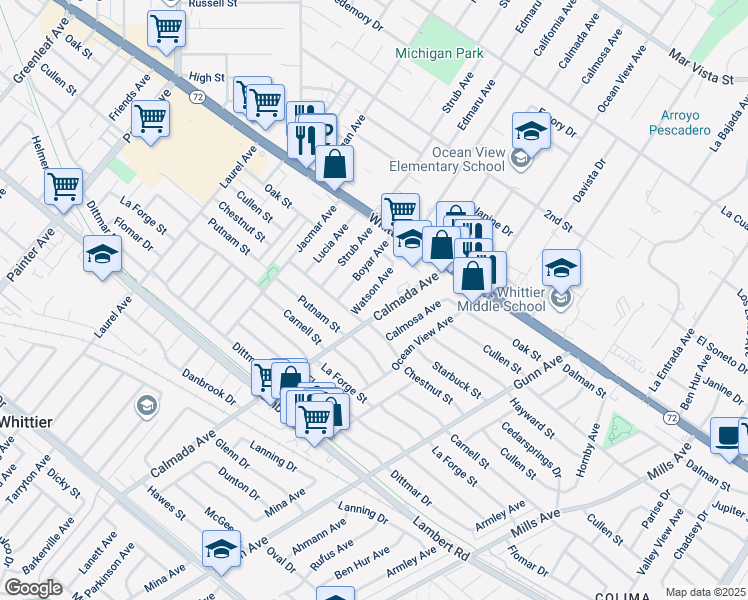map of restaurants, bars, coffee shops, grocery stores, and more near 8914 Watson Ave in Whittier