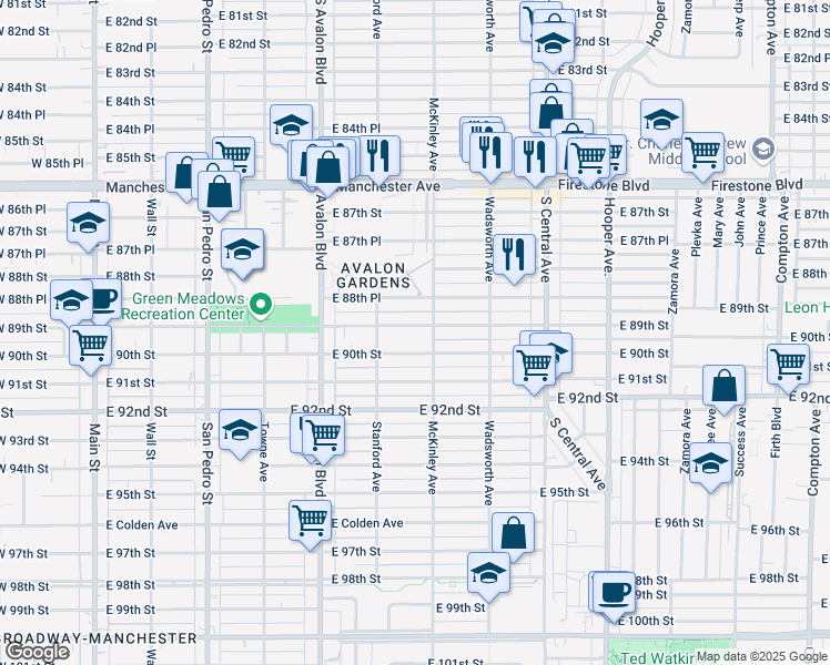 map of restaurants, bars, coffee shops, grocery stores, and more near 742 East 89th Street in Los Angeles