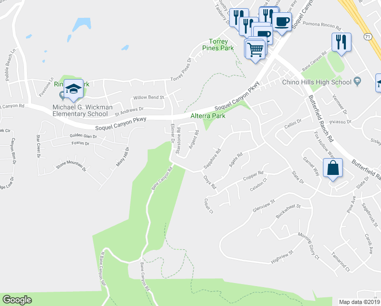 map of restaurants, bars, coffee shops, grocery stores, and more near 16405 Argent Road in Chino Hills