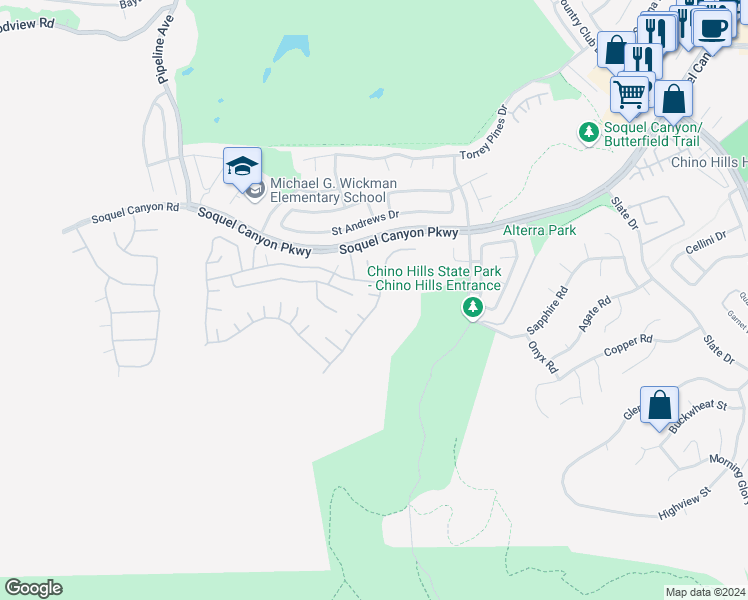 map of restaurants, bars, coffee shops, grocery stores, and more near 4487 Sycamore Ridge Court in Chino Hills