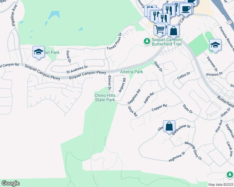 map of restaurants, bars, coffee shops, grocery stores, and more near 16410 Argent Road in Chino Hills