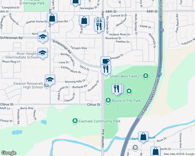 map of restaurants, bars, coffee shops, grocery stores, and more near 7255 Excelsior Drive in Corona