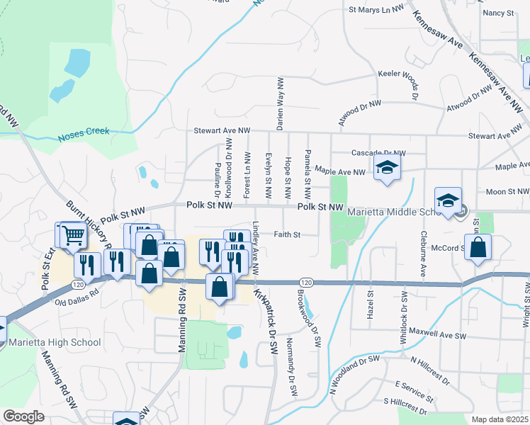 map of restaurants, bars, coffee shops, grocery stores, and more near 597 Polk Street Northwest in Marietta