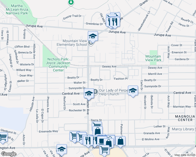 map of restaurants, bars, coffee shops, grocery stores, and more near 6493 Nidever Avenue in Riverside