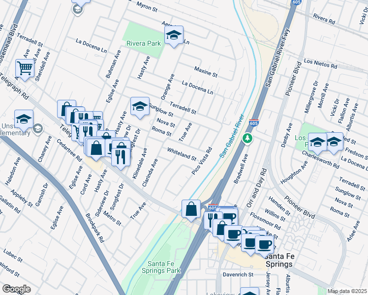 map of restaurants, bars, coffee shops, grocery stores, and more near 9812 Roma Street in Pico Rivera
