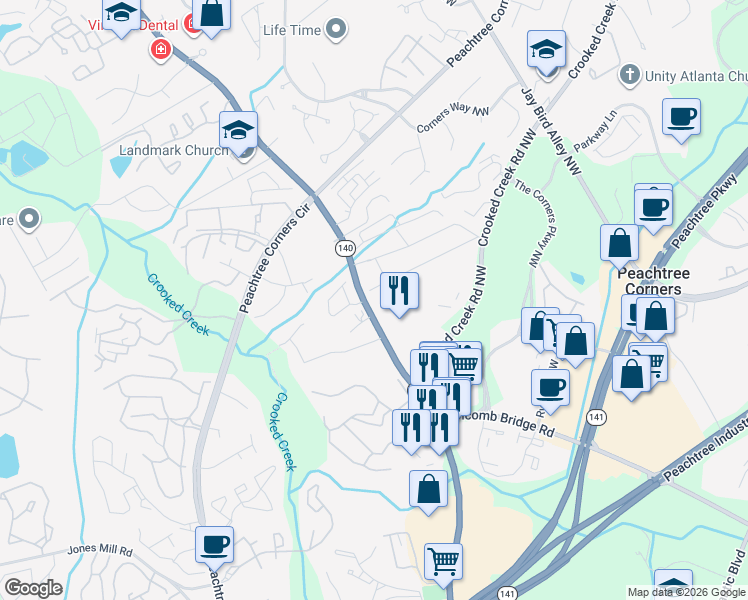 map of restaurants, bars, coffee shops, grocery stores, and more near 5600 Woodmont Boulevard Northwest in Norcross