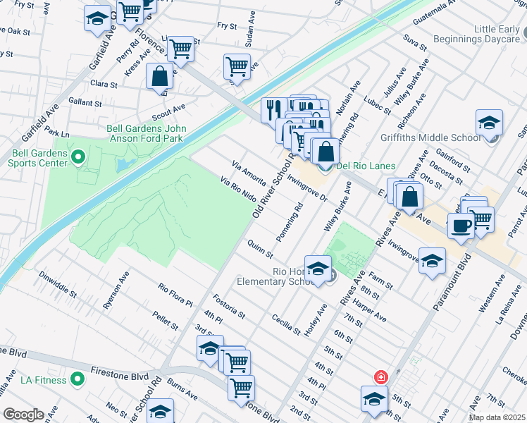 map of restaurants, bars, coffee shops, grocery stores, and more near 7402 Via Rio Nido in Downey