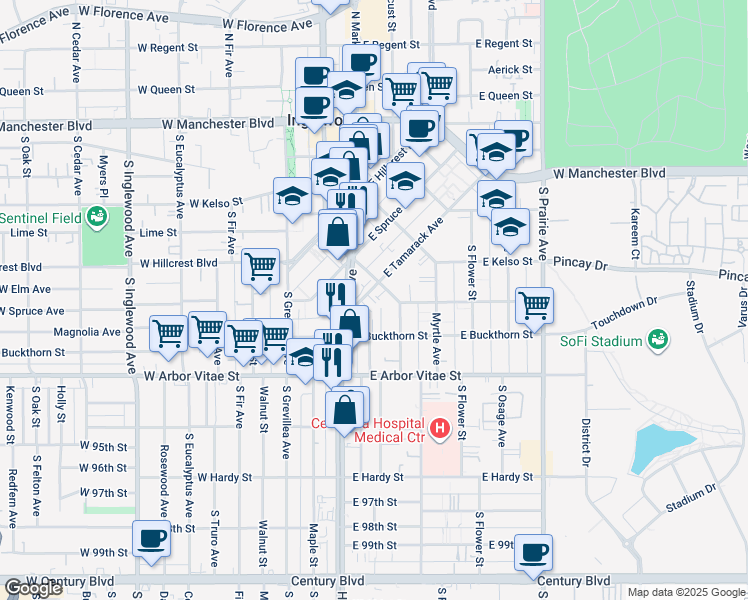 map of restaurants, bars, coffee shops, grocery stores, and more near 162 East Tamarack Avenue in Inglewood